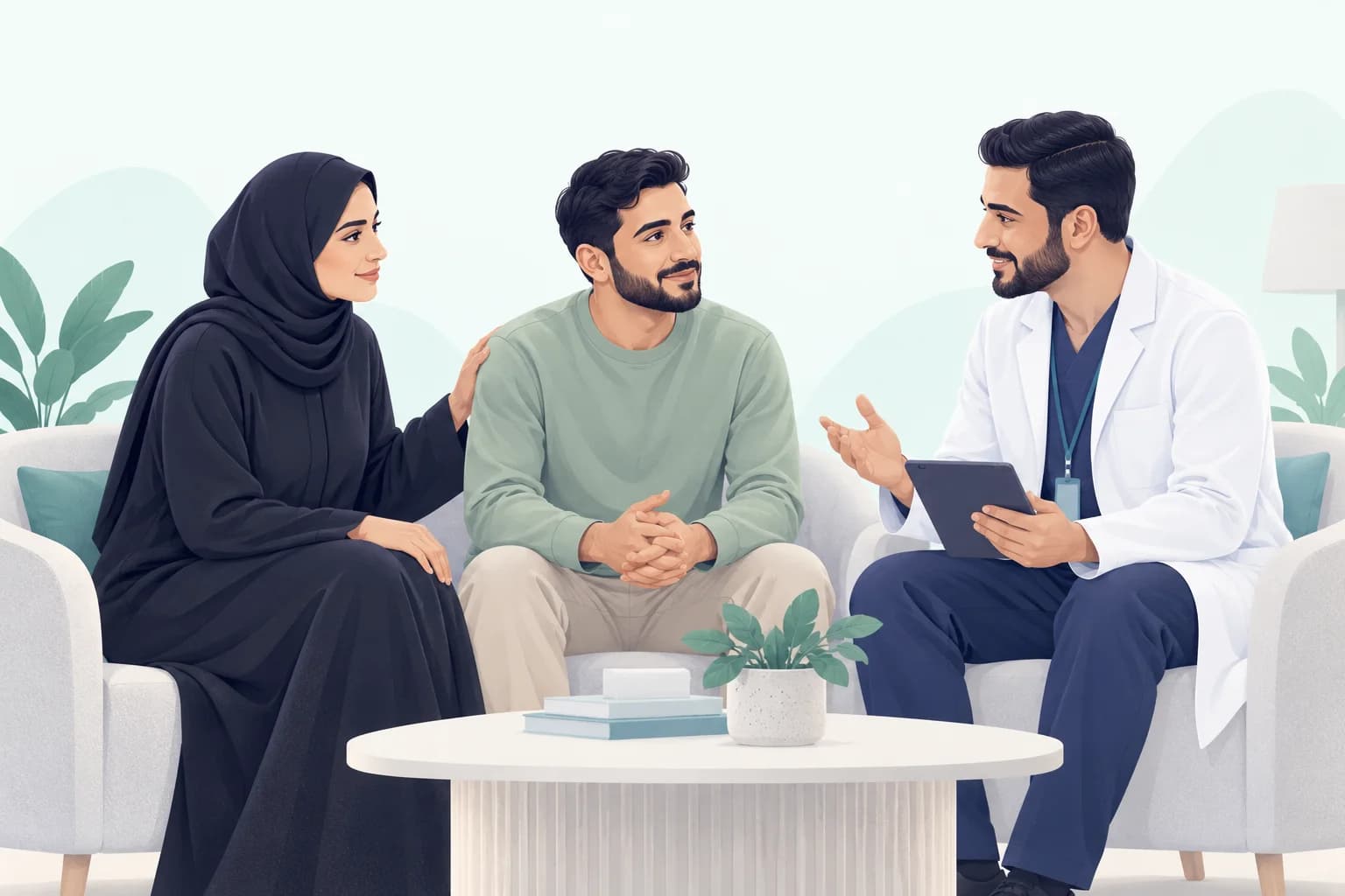 مستفيد يتحدث مع الطبيب النفسي وبجواره أحد أفراد أسرته في أجواء داعمة